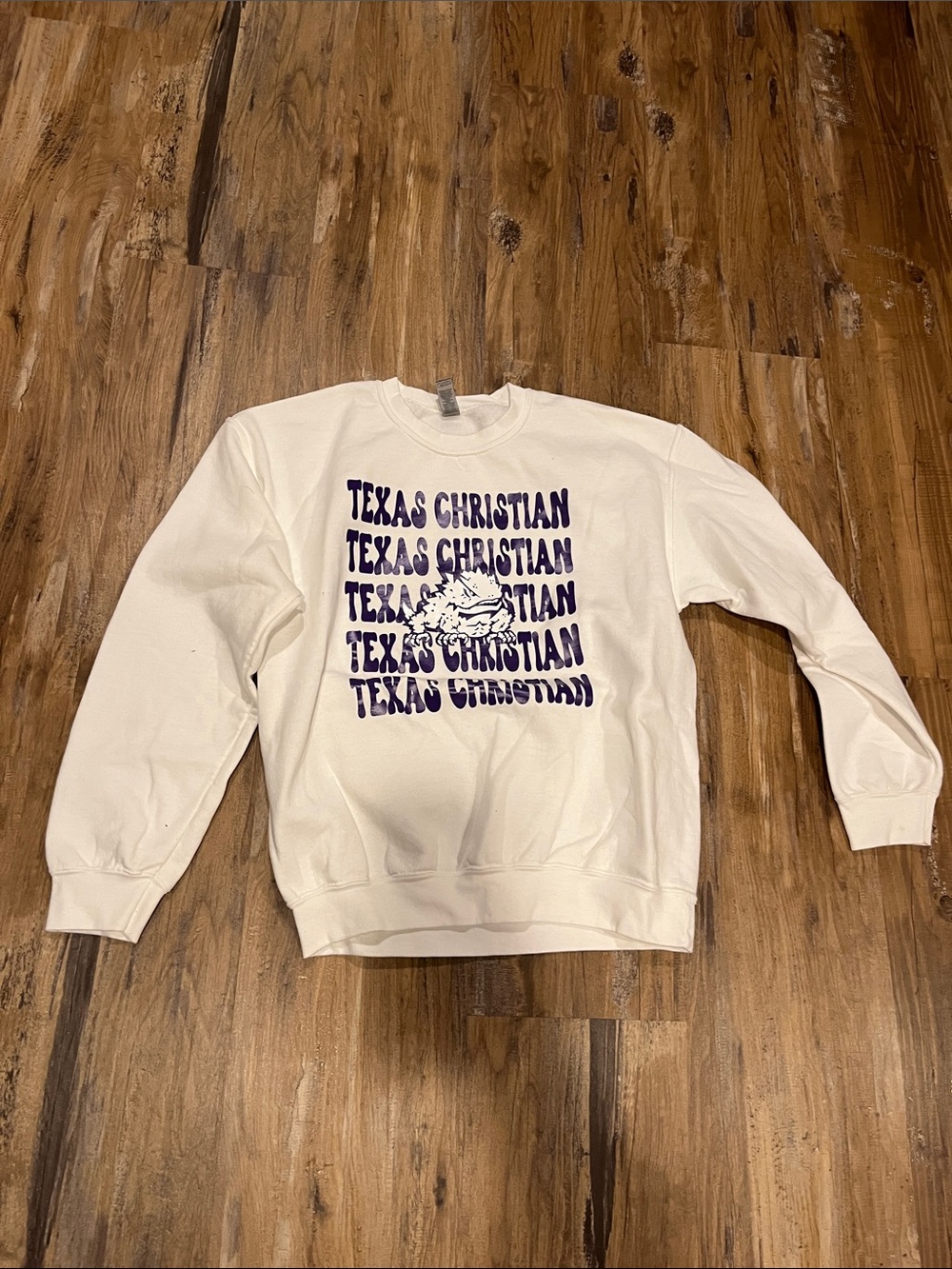 Gildan Cream Crewneck Sweatshirt with Purple Texas Christian Graphic